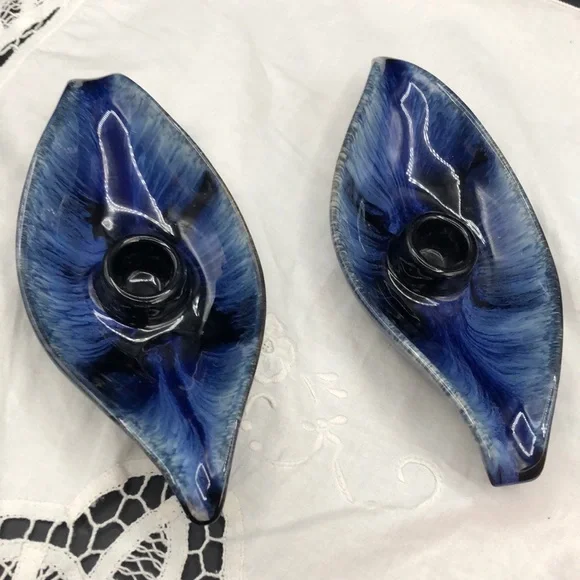 Blue Mountain Pottery Mid-Century Cobalt Blue Drip Glaze Candle Holders, Set 2 - Picture 2 of 5